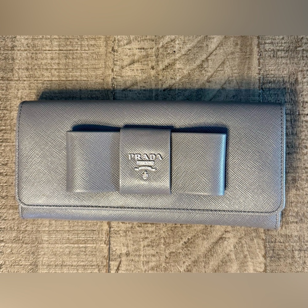 Prada Gray Saffiano Leather Bow Continental Wallet